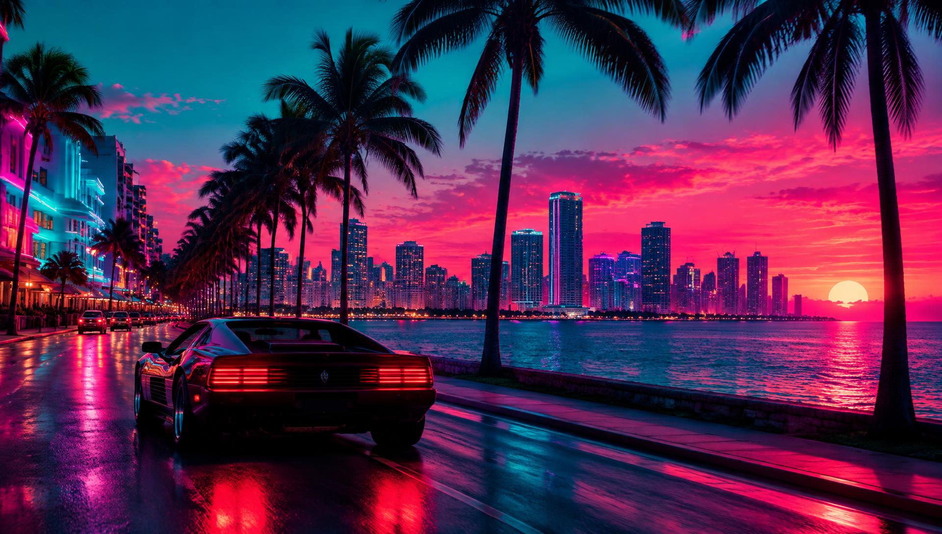 Neon coastal city at sunset